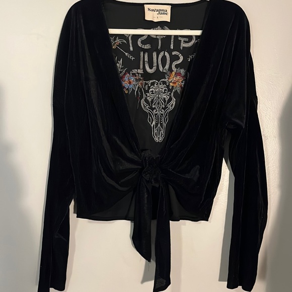Savanna Jane NWT Gypsy Soul Black Velvet Embroidered V Neck Tie Front Crop Top L - Picture 2 of 9